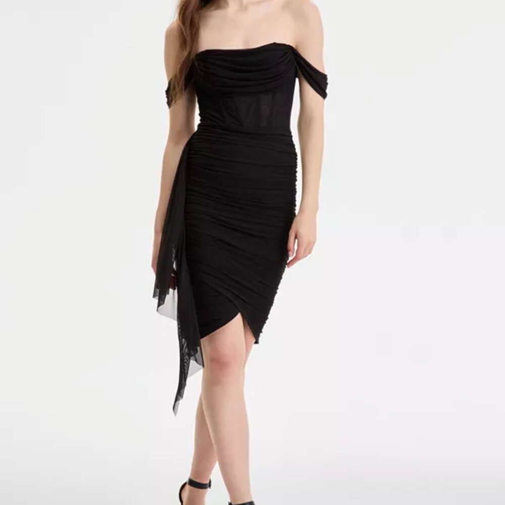 City Studio Black Off-Shoulder Corset Mesh Bodycon Dress NWT